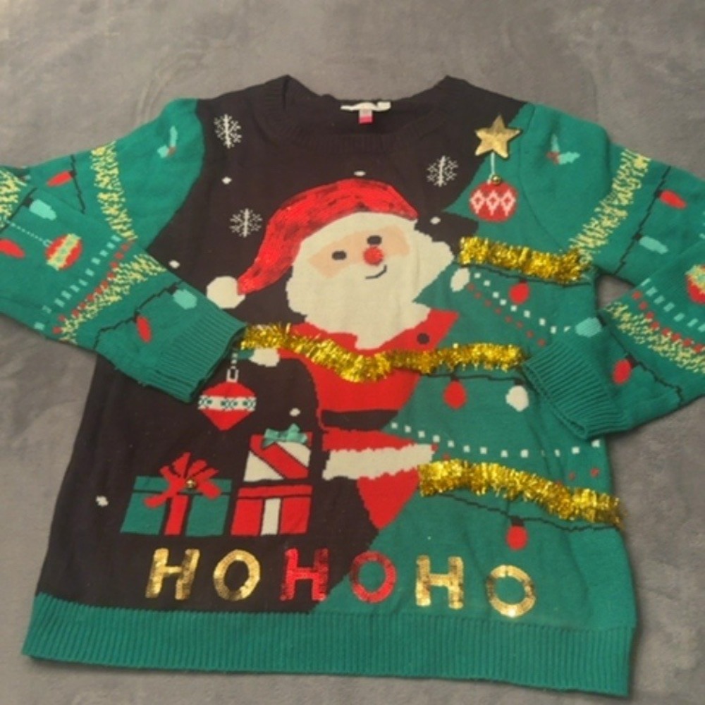 No Boundaries Sweater Women XXXL Black Green Santa Graphic Ugly Christmas Party